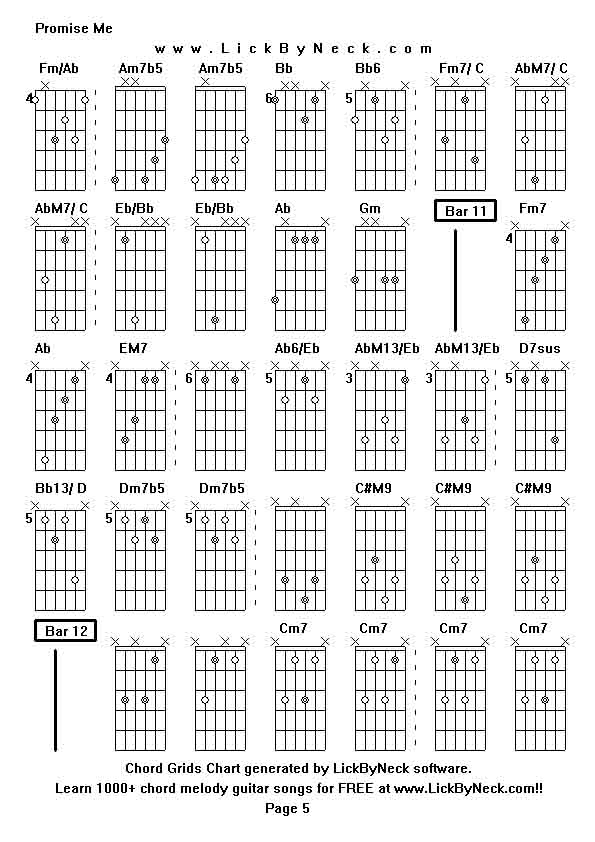 Chord Grids Chart of chord melody fingerstyle guitar song-Promise Me,generated by LickByNeck software.